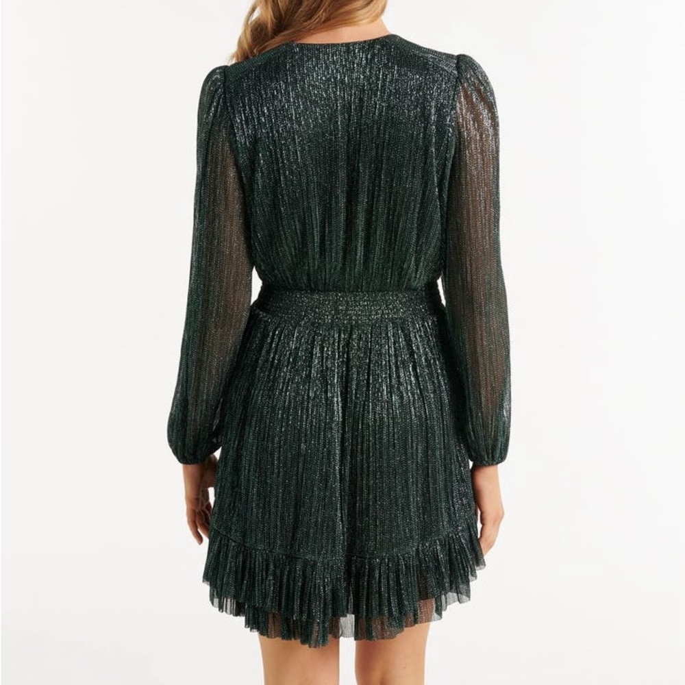 NWT Ever New Goldie Long Sleeve Plisse Dark Green Mini Dress - Picture 4 of 9